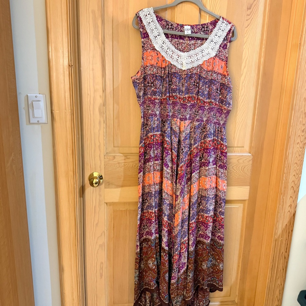 Bila Maxi Dress XL Orange Purple Paisley Crochet Lace Smocked Handkerchief Hem